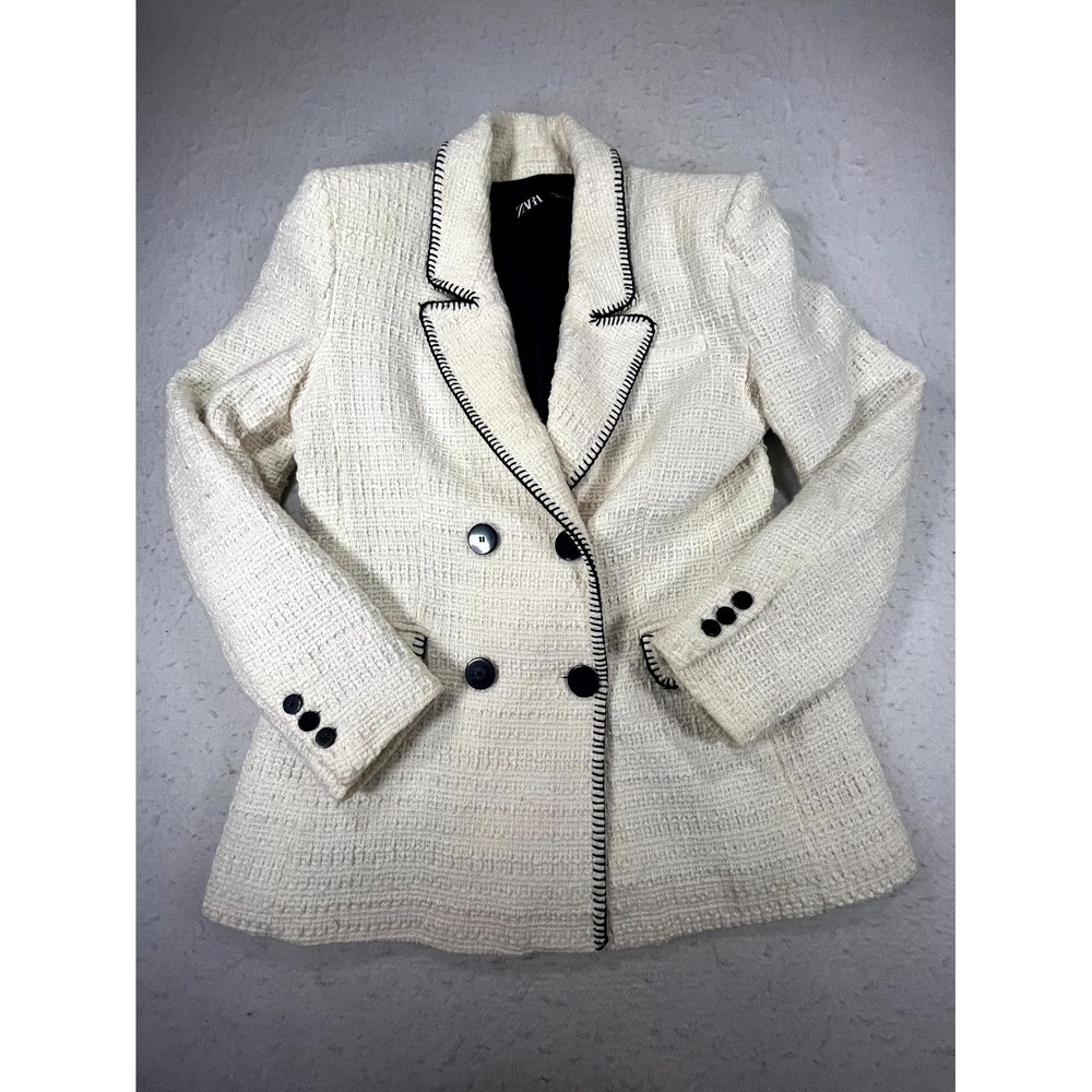 Zara Blazer Jacket Women Medium Cream Cotton Boucle Double Breasted Notch Lapel
